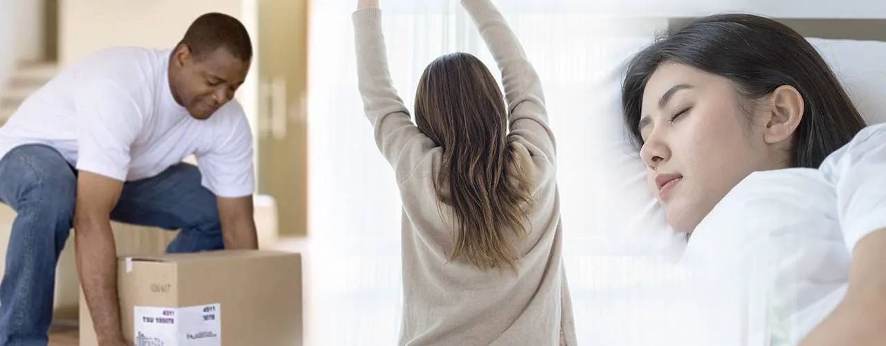 Homem abaixando para pegar uma caixa, mulher se espreguiçando e mulher dormindo.